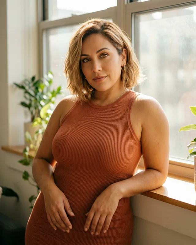 Camila, a fictional AI companion with short honey-blonde hair and amber eyes, in bright window light. AI-generated art.