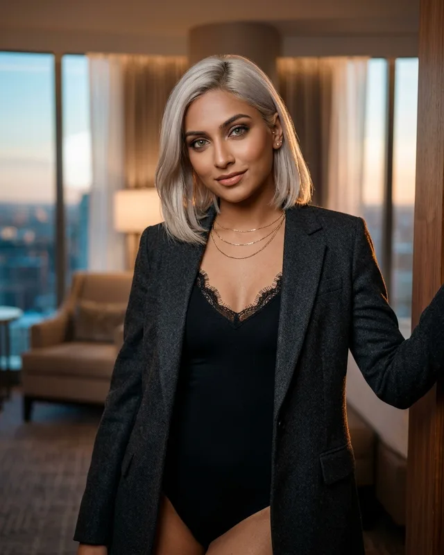 Priya, a fictional AI companion with sleek platinum hair and green eyes, in dusk light. AI-generated art.