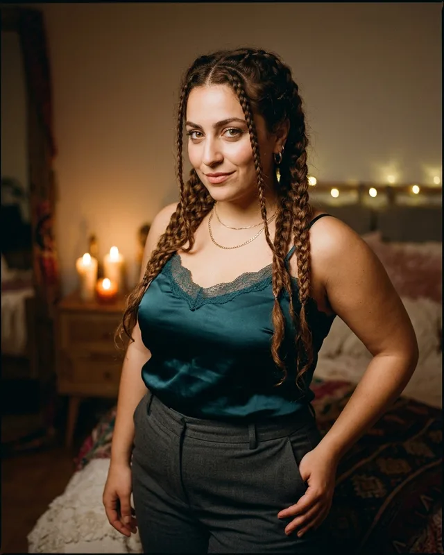 Yasmin, a fictional AI companion with braided chestnut hair and hazel eyes, in candlelight. AI-generated art.
